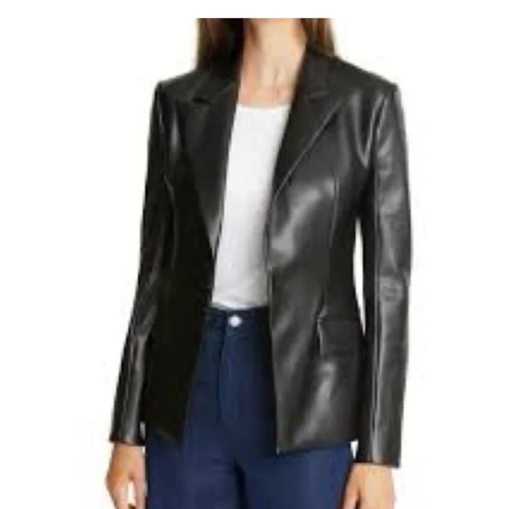 Theory Bedford Faux Leather Angled Blazer Black Vegan Business Casual Women’s 12